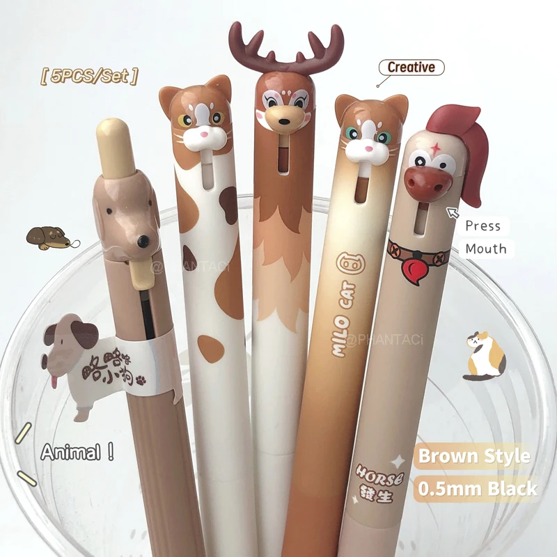 5PCS Animal Style Brown Series Gel Pen Set 0.5mm Black Pen Creative Puppy Deer Cat Horse Style Writing Pen Office Supplies