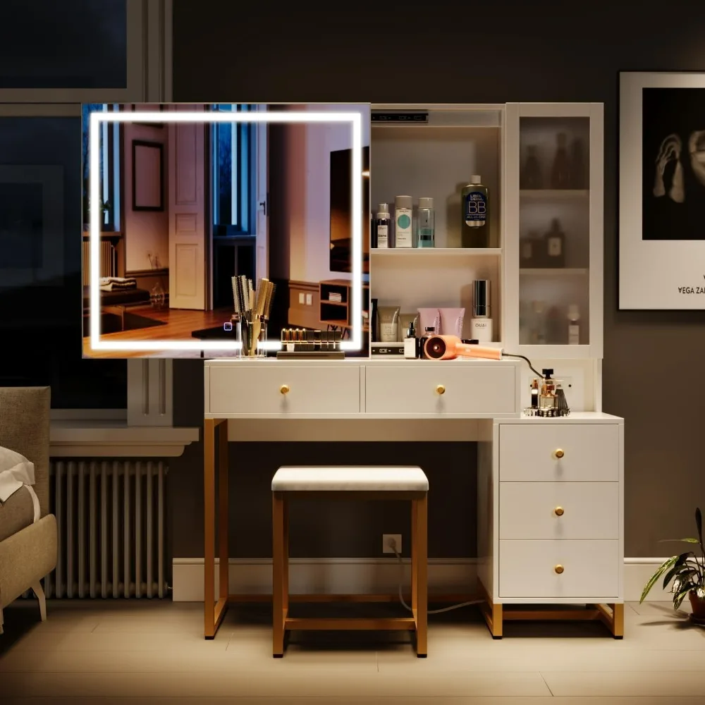 

Vanity Desk ，with Lighted Mirror and Charging Station, with Storage Shelves, with Nightstand, Cushioned Stool