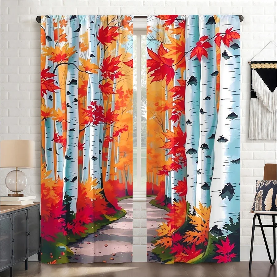 Vibrant Autumn Forest Scene Curtain Window Drapes Fall Foliage Woodland Decor for Living Room Bedroom
