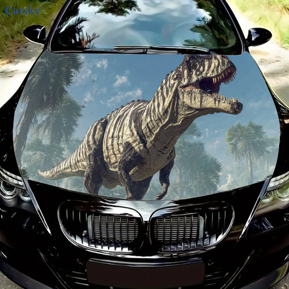 Autocollant de capot de moteur de voiture de dinosaure géant de la jungle puissant, autocollant d’art automatique, décoration personnalisée extérieure de voiture, cadeau pour les amateurs de voiture,