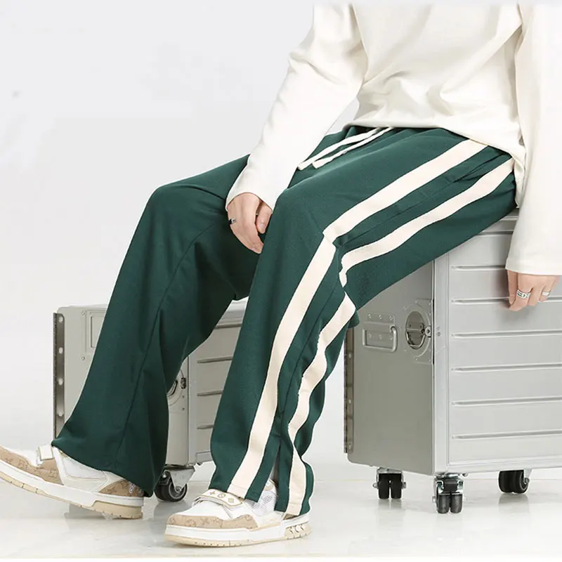 Men\'s Striped Slit Pants Spring Autumn Straight Wide Leg Trousers High Street Loose Casual Trousers 2023 Fashion Men Clothing