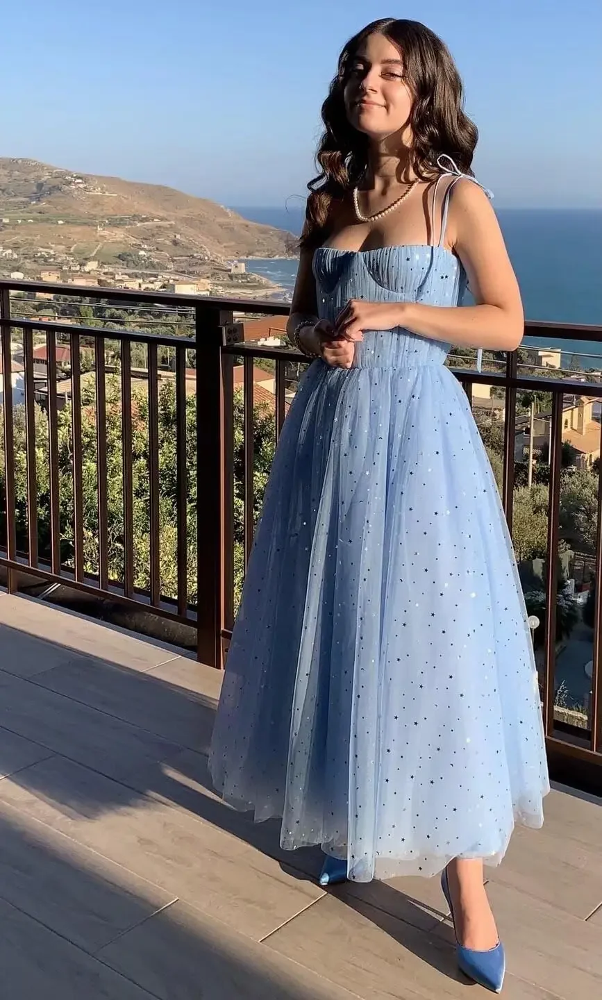Vestidos de baile de tule estrelado brilhante feminino, alça espaguete, comprimento do chá, espartilho formal, vestidos de festa de noite femininos elegantes