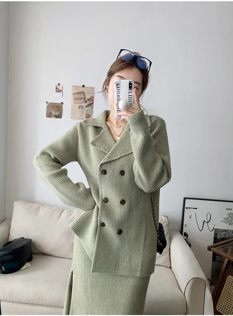 Korean Fashion Two Piece Sets Womens Outifits Autumn Knitted Sweater High Waisted Skirt Sets Cardigan Dress Sets Womens Clothing