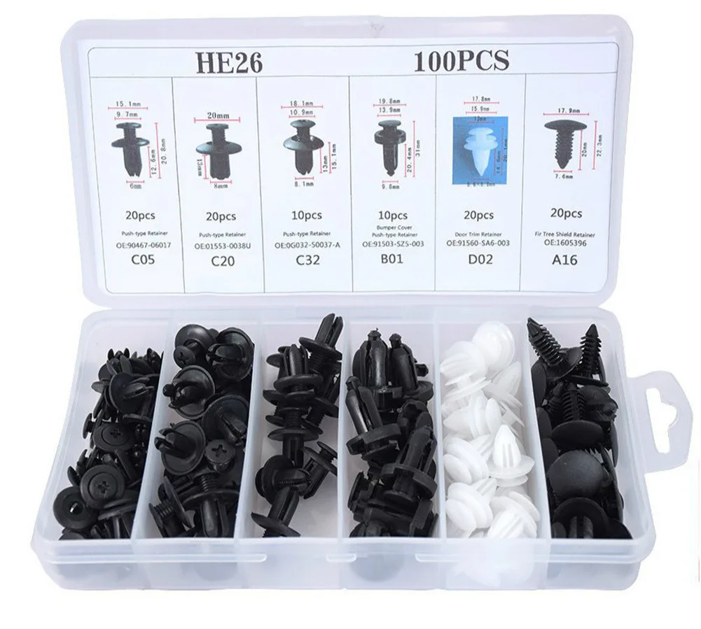 100pcs Mixed Auto Fastener Clip Car Body Push Retainer Pin Rivet Bumper Door Trim Panel Retainer Fastener Kit Car Accessories