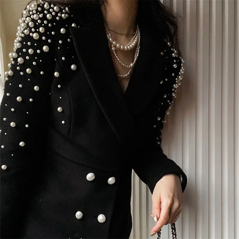

Y2k Beading Double Breasted Woolen Coat Women Slim Fit Long Sleeve Black Tops Mujer 2025 Spring Autumn New Jackets