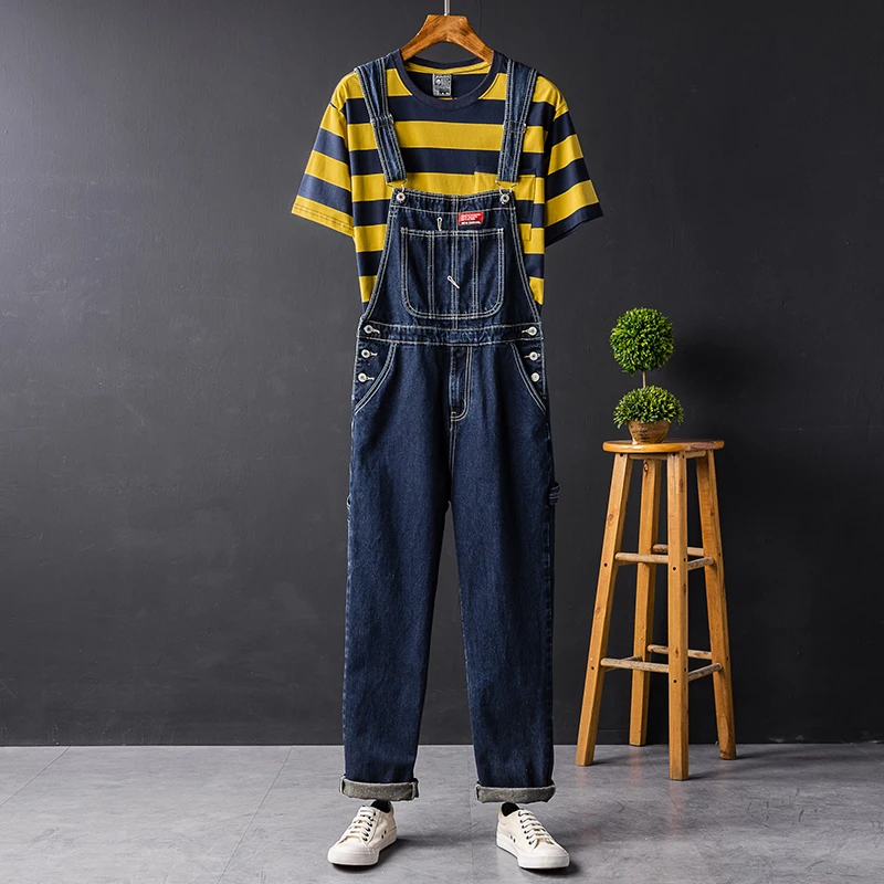

Trendy Men's Loose Straight Leg Overalls Korean Style Couple's Youthful Versatile Denim Harness Pants Casual Wear Cotton Blend