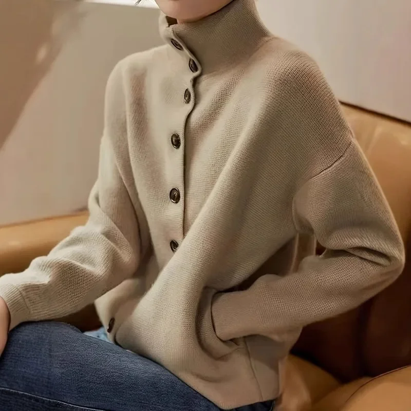 Herfst en winter dames veelzijdig effen kleur casual enkele rij knopen opstaande kraag lange mouwen gebreid vest voor dames