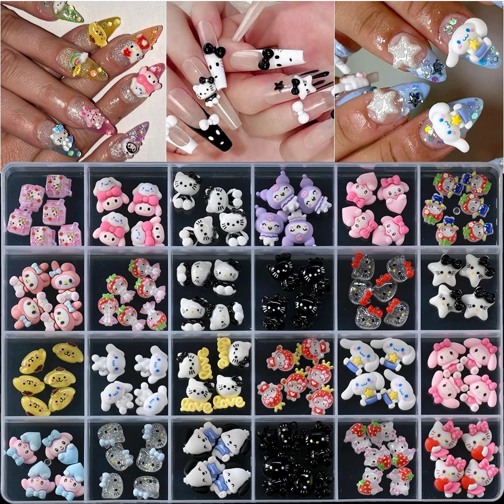 

Набор из 24 3D-украшений для ногтей Hello Kitty, Kuromi, Melody, Cinnamoroll, Pom Pom Purin. Милые мультяшные фигурки для DIY-дизайна ногтей.