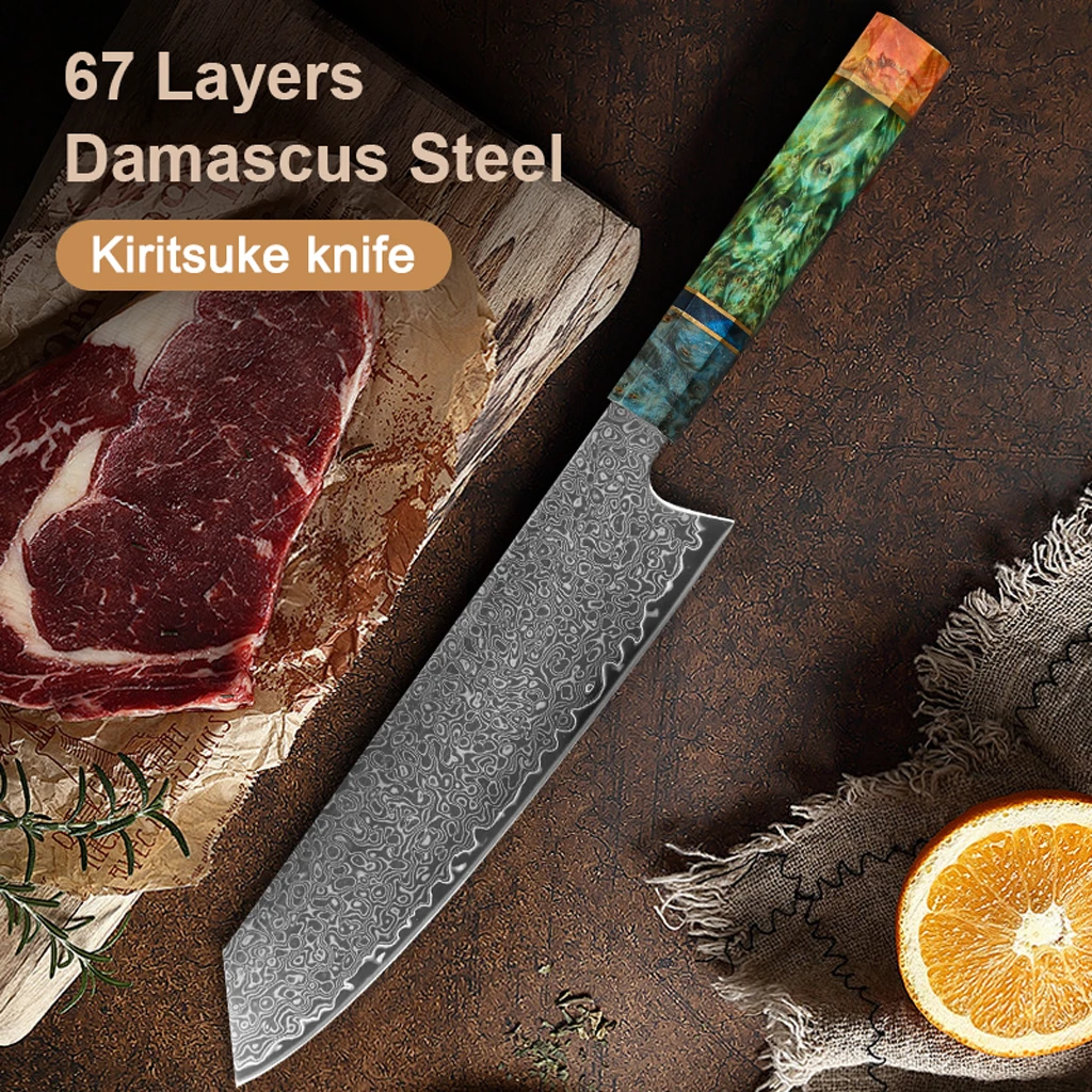 

8 Inch Chef Knife 67 Layers Damascus Steel Kitchen Knives Vegetable Meat Cooking Tools Stabilized Colored Wood Handle