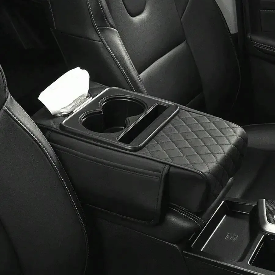 Car Armrest Box Pad Heighten Center Console Arm Rest Cover With Cup Holder Storage Bag Tissue Pocket Elbow Support Cushion