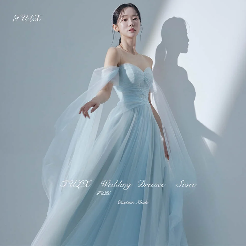 TULX Korea Photoshoot Tulle Light Blue Fairy Wedding Dress A Line Bridal Gown Long Women Sweetheart Corset Back 웨딩드레스