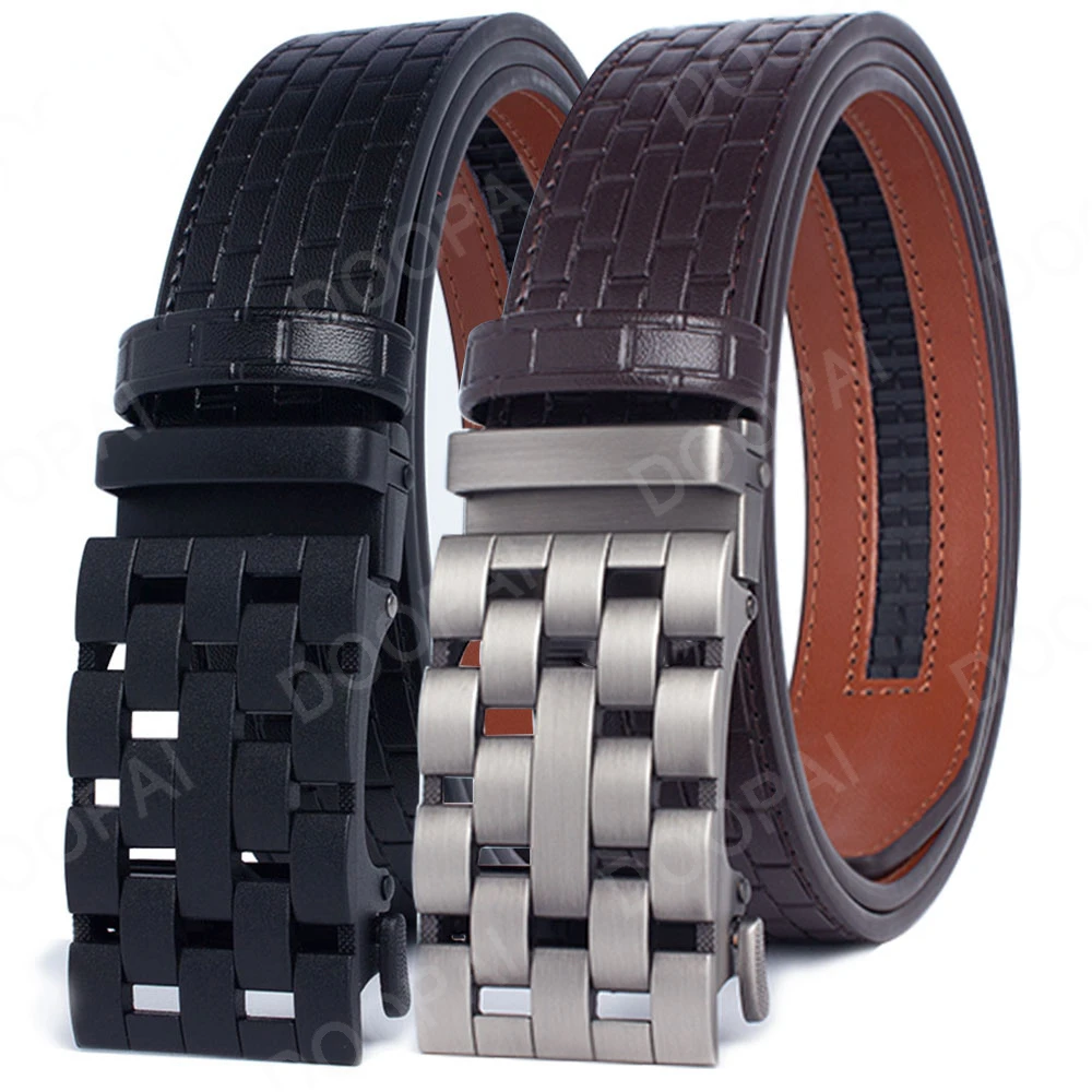 2023 Men Belt Metal Luxury Brand Automatic Buckle Plaid Genuine Leather Belts for Men Waist Strap Black Male