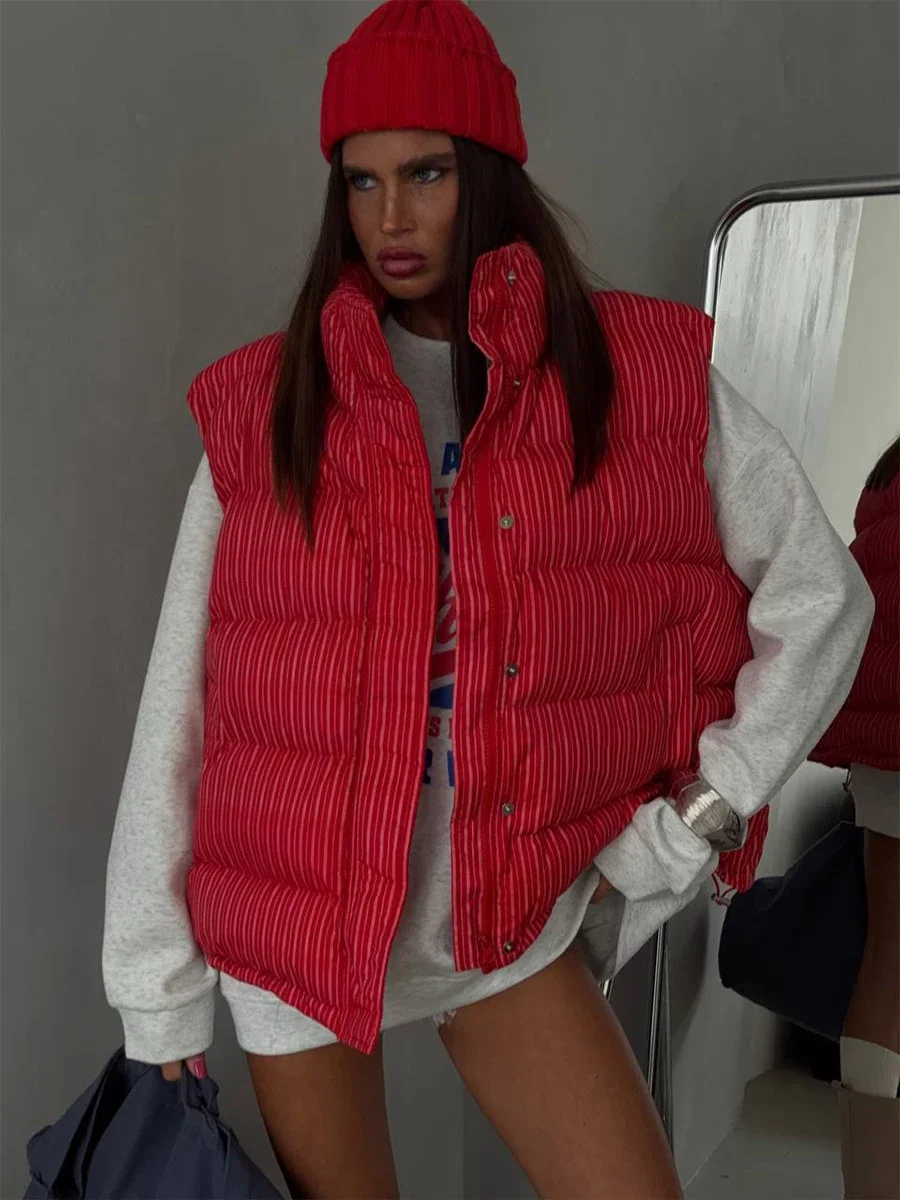 Wolfeel Women's Cotton Vest Stand Up Collar Sleeveless Fashionable Red Vertical Stripe Casual Street Style Winter Warm Jacket