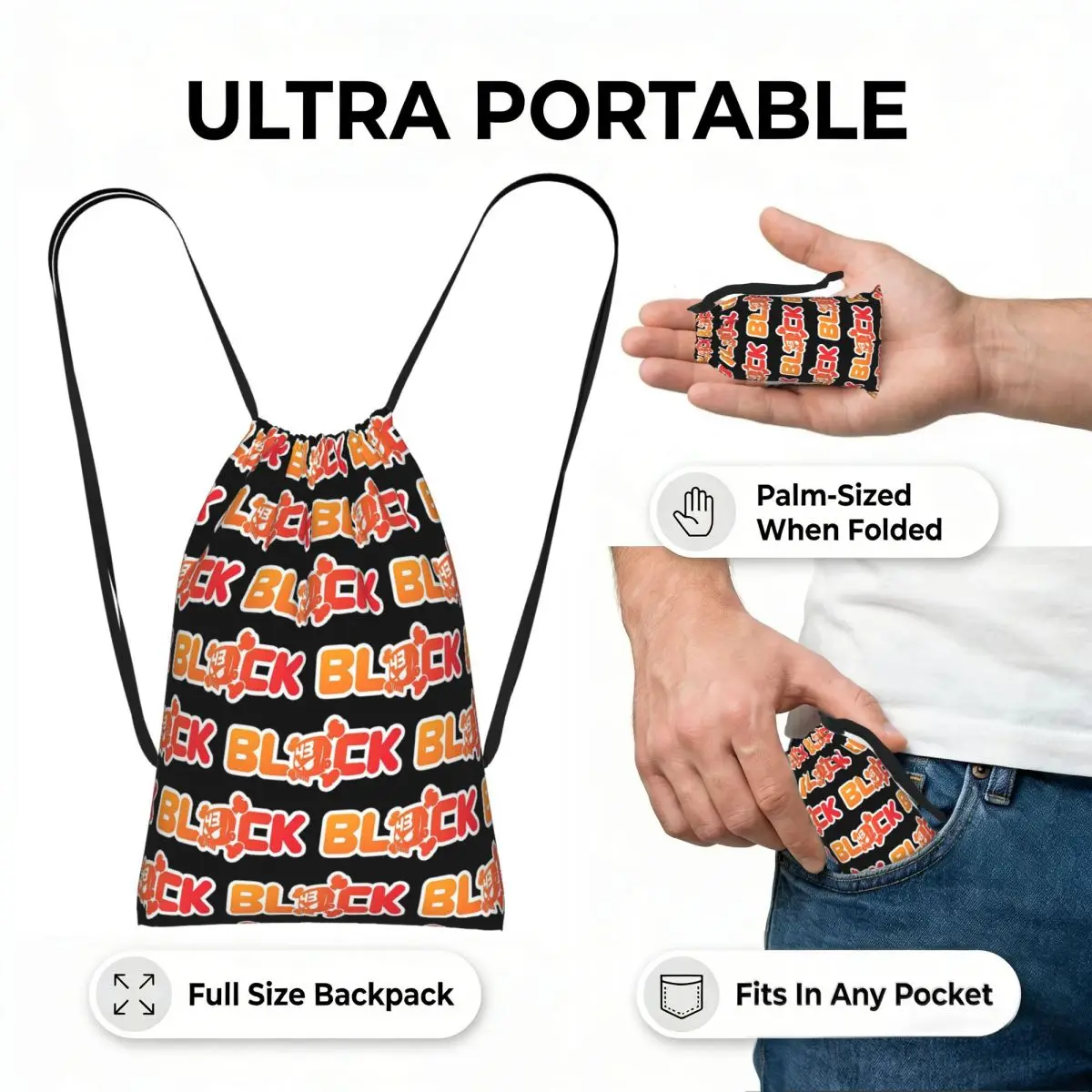 Ken Block 43 Design Letter Print Drawstring Backpack Sports Gym Bag Lightweight Foldable Storage Drawstring Bag for Men Women