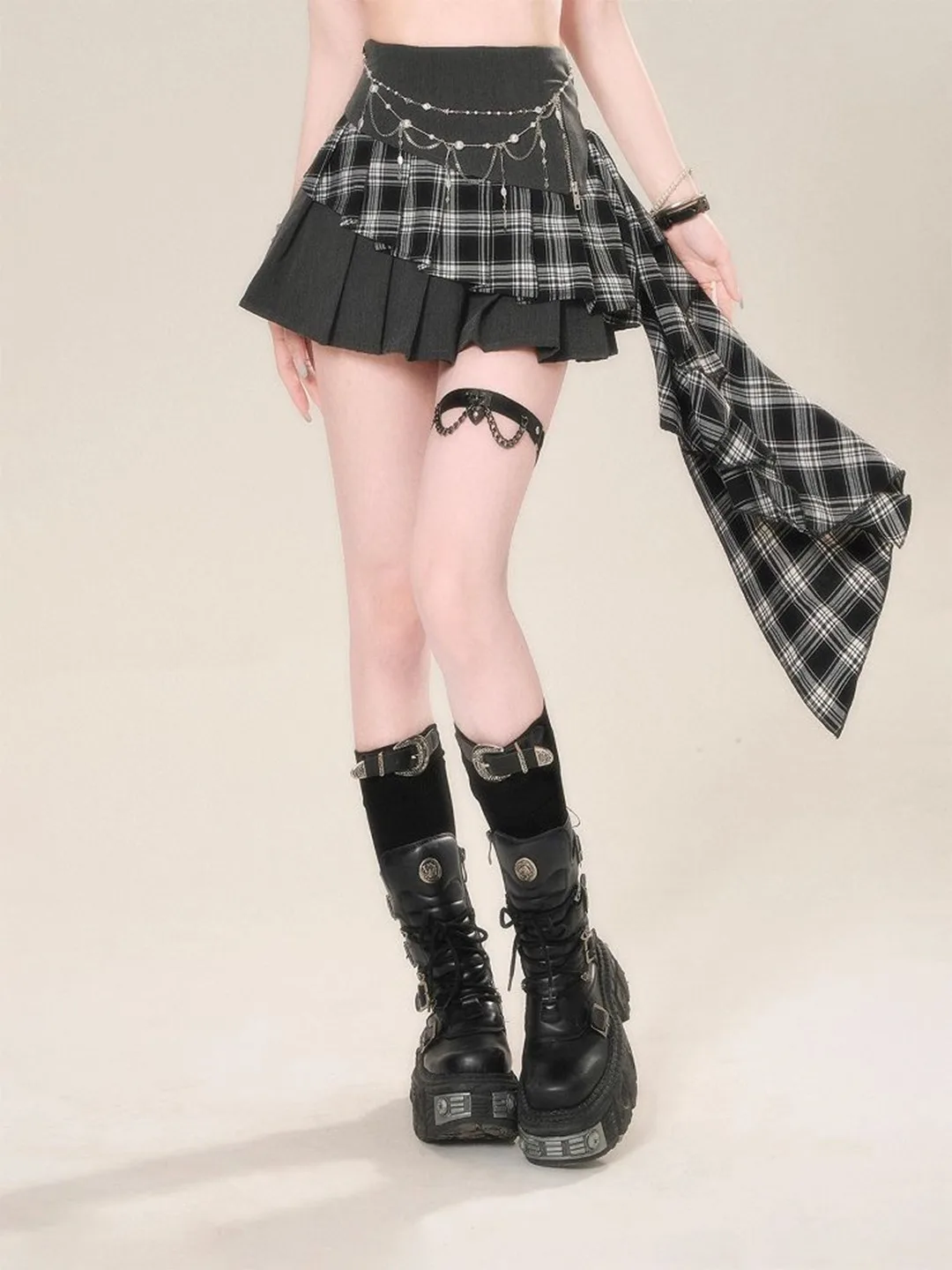 Doce legal picante xadrez cintura alta a linha saia feminina verão emagrecimento saia plissada assimétrica punk sle ort saia