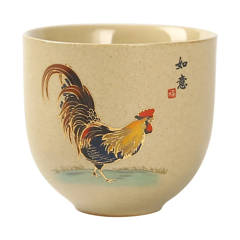 1 Pc Antique Handmade Ceramic Teacup Hand Painted Cock Pottery Tea Cup Travel Portable Tea Bowl Pu\'er Master Cup Chinese Tea Set