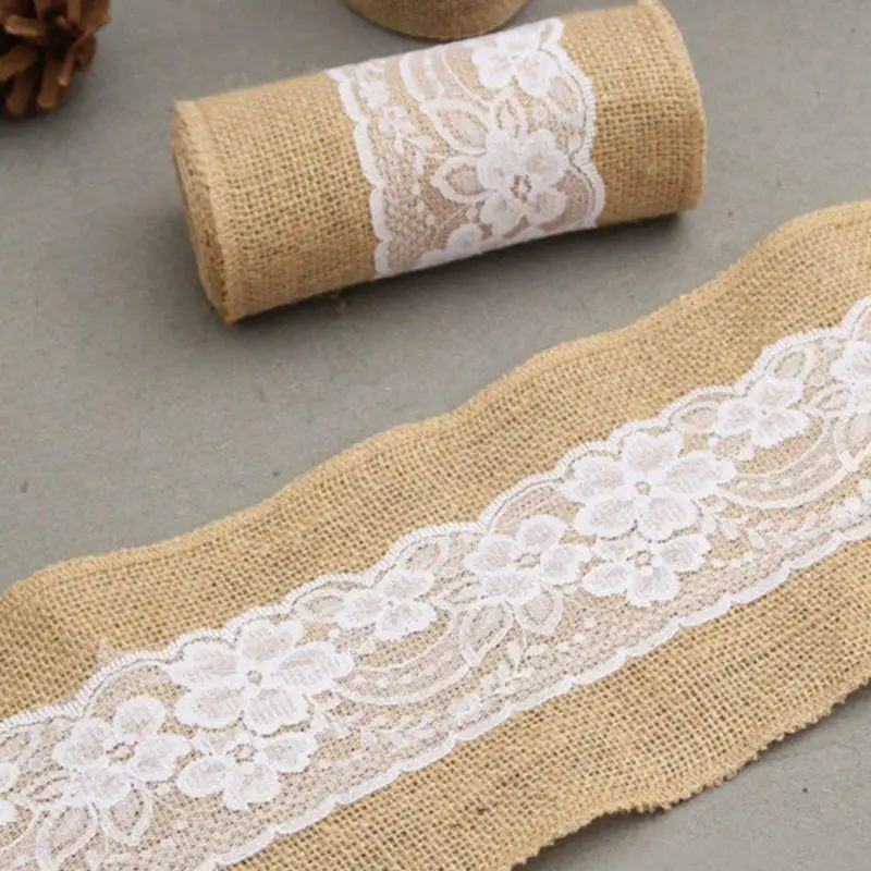 W91B Natural Burlap Craft Ribbon Roll Exquisite Hessian Ribbon with White Lace Trims