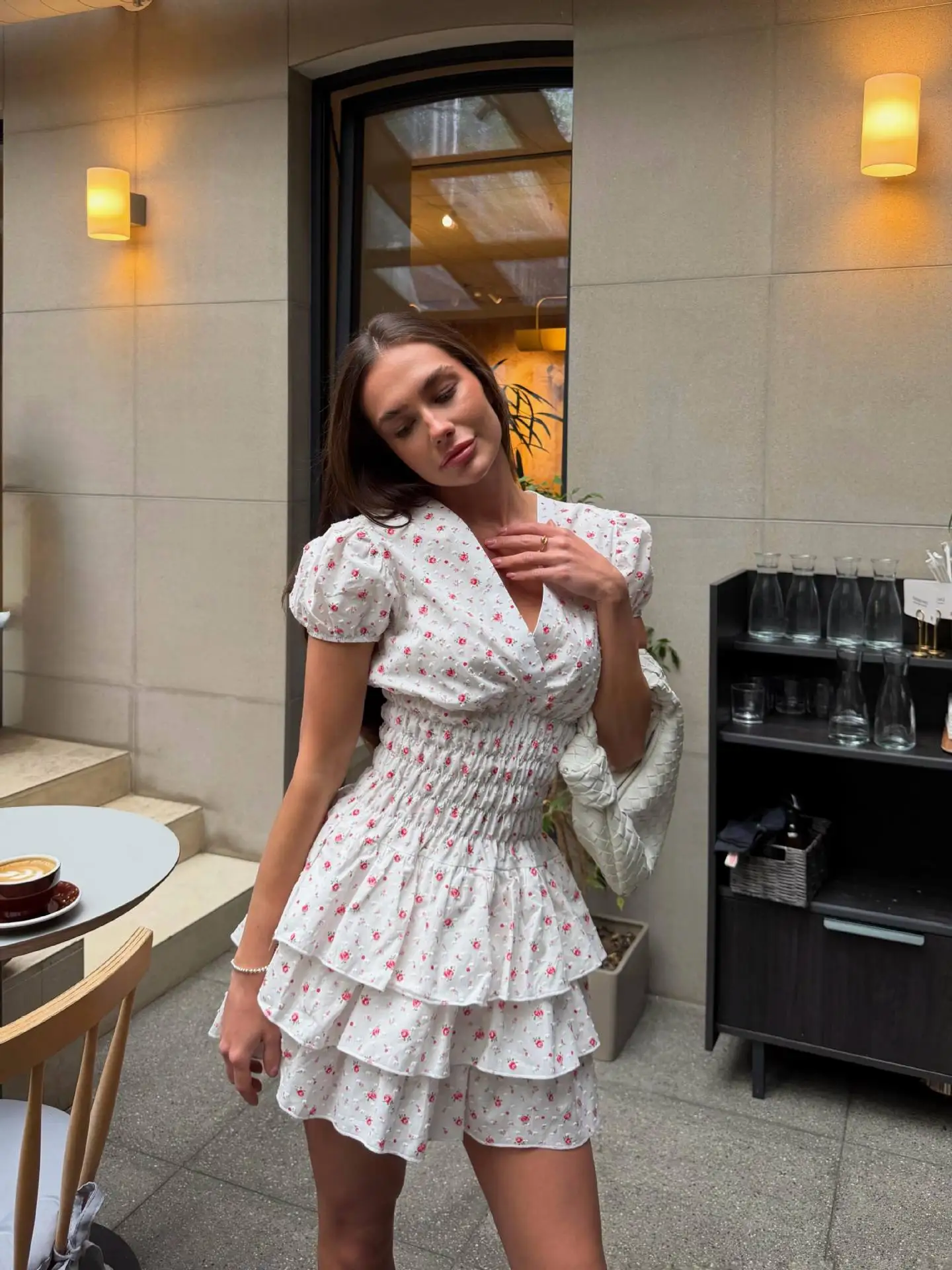 

Romantic Ruffled Short Dress V-neck Polka Dot Solid Puff Sleeve Corset Women's Casual Dresses 2026 Y2k Summer Date Outfit Gowns