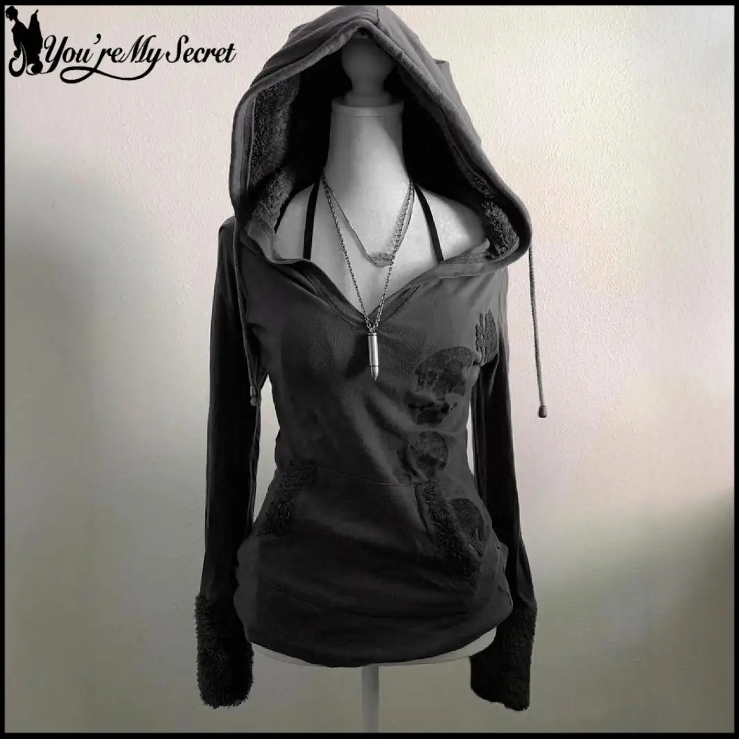 

Весенние женские топы с капюшоном, серая рубашка с длинными рукавами, винтажная толстовка в стиле панк, модная готическая уличная одежда с карманами для женщин