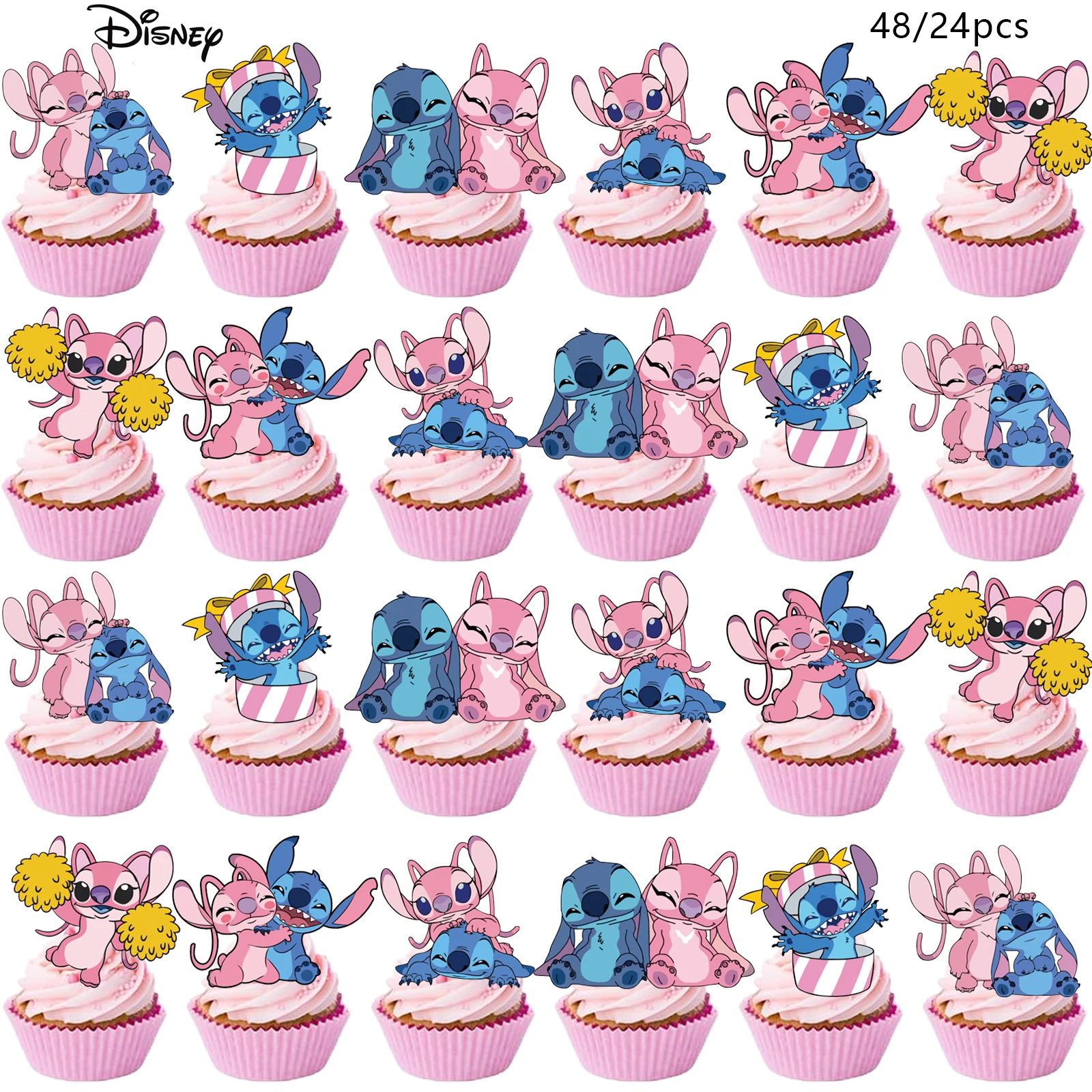 24/48pcs Disney Stitch Cupcake Toppers, Stitch Birthday Decorations,Stitch Theme Party Supplies