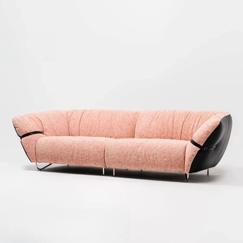 Vintage three-seater pink fabric living room leather fabric inline sofa