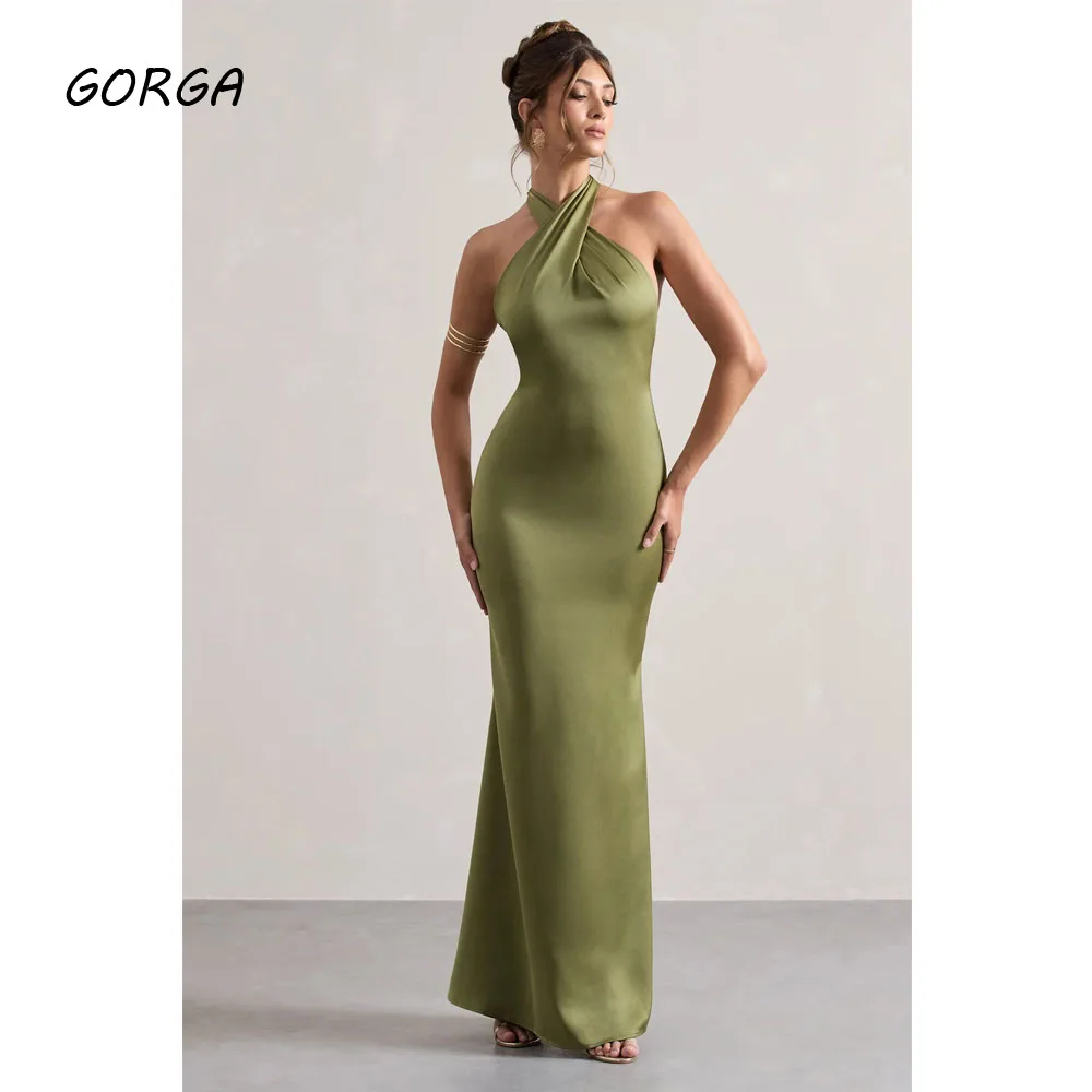 

GORGA Customized Olive Green Floor-Length Satin Evening Dress Halter Prom Dress 2025 Backless Mermaid Party Dress With Bow