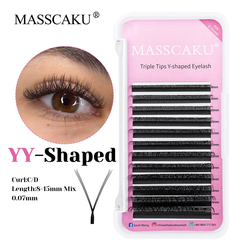 

MASSCAKU 0.07mm Thickness Waterproof Faux Mink Triple Tips Eyelashes C D Curl 8-15mm Mix Size Y Shaped Lashes for Professionals