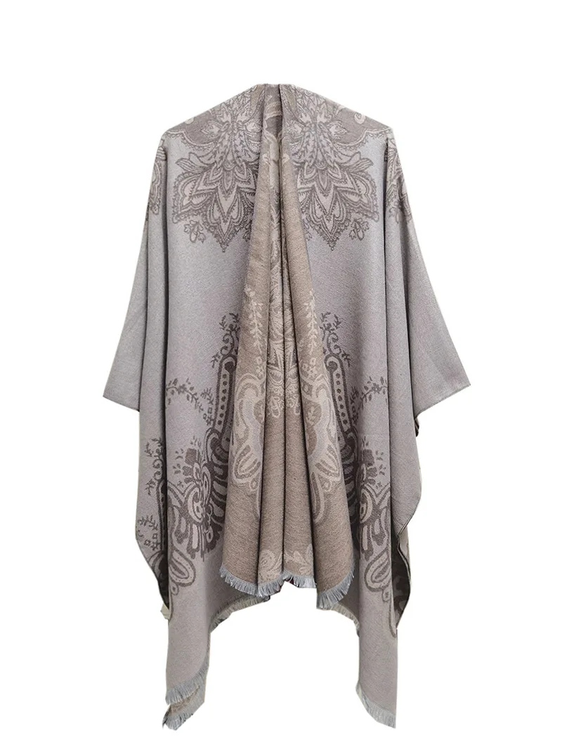 

Демисезонная жаккардовая шаль с цветочным принтом в этническом стиле, шаль с разрезом и кисточками, женское пончо для кондиционера, женские накидки, хаки, плащи