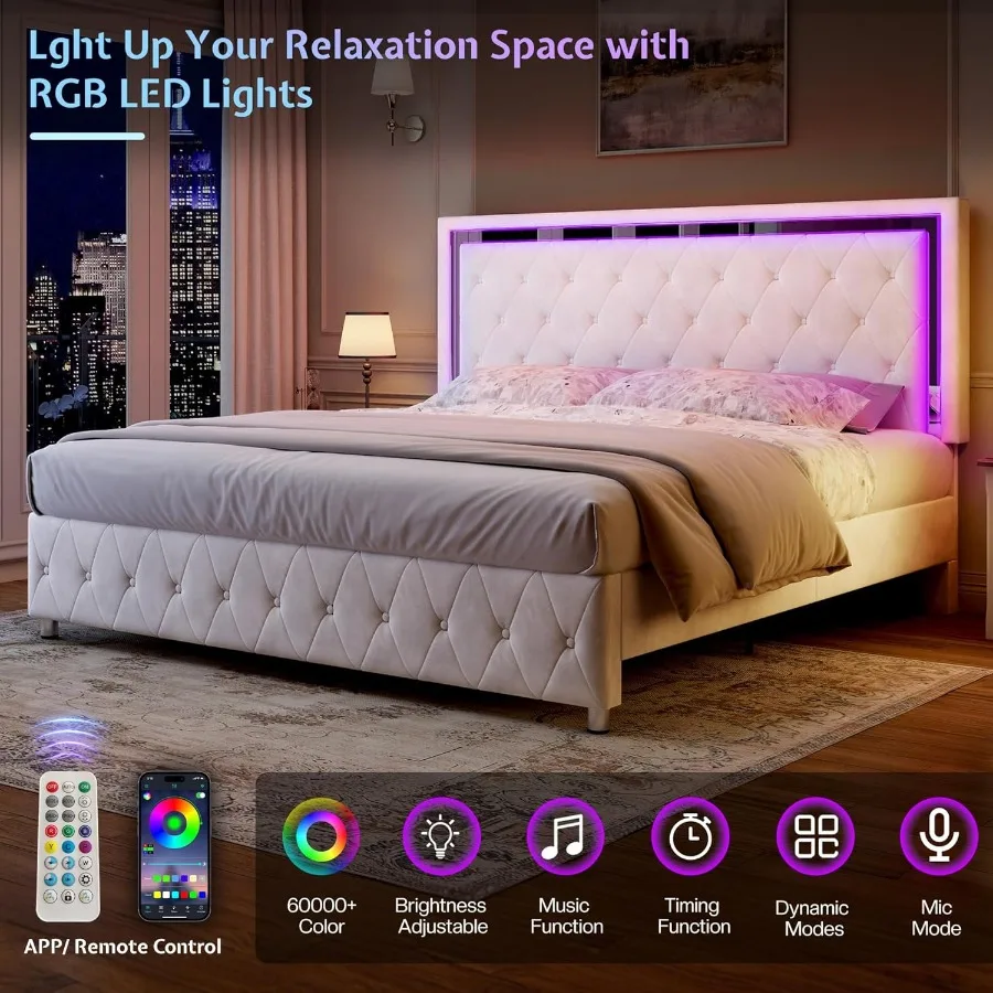 إطار سرير كوين مع أضواء LED، لوح أمامي، لوح قدم مخملي منجد بحجم كوين، إطار سرير بدون صندوق زنبركي، أبيض