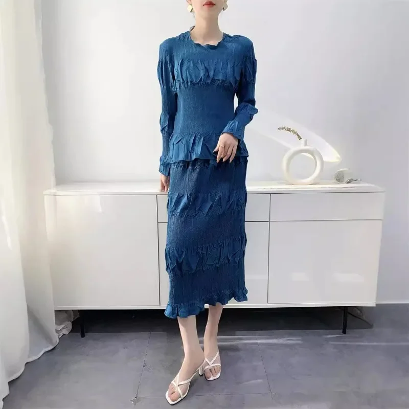 Miyake Embroidery Pleated Skirt Set Women Heavy Embroidery Comfortable Casual Commuter Long Sleeve Top +Half Skirt Two Piece Set