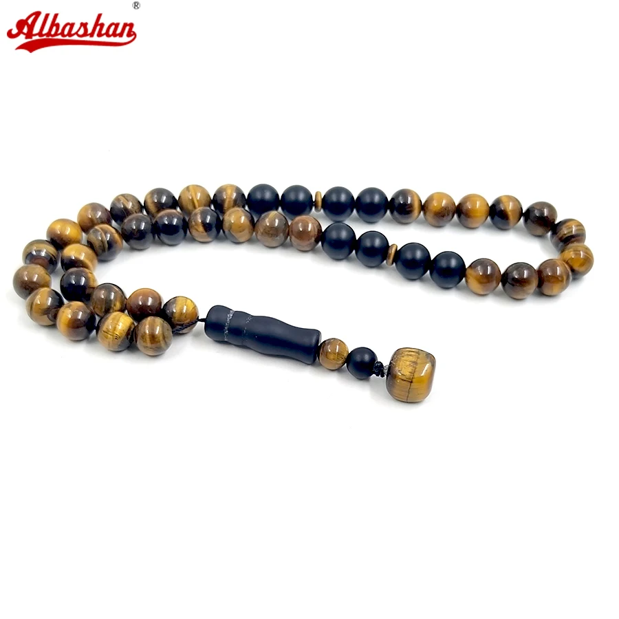 

Новый стиль 2026 года: Тасбих из натурального камня тигровый глаз с черным агатом, 42 бусины для молитв, мусульманские аксессуары, арабский браслет, мисбаха.