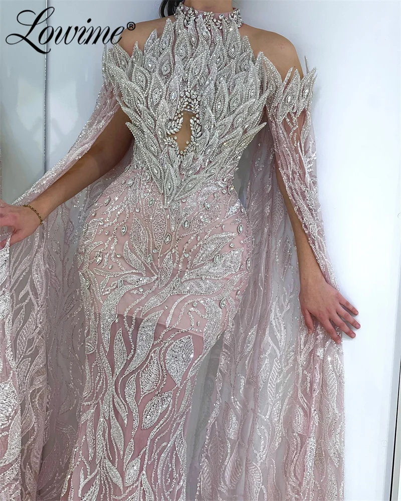 Vestido de noche árabe de lujo con mangas de capa de hoja 3D, vestidos de graduación de sirena con cuentas de cristales, fiesta de boda Vestido largo de hecho a medida