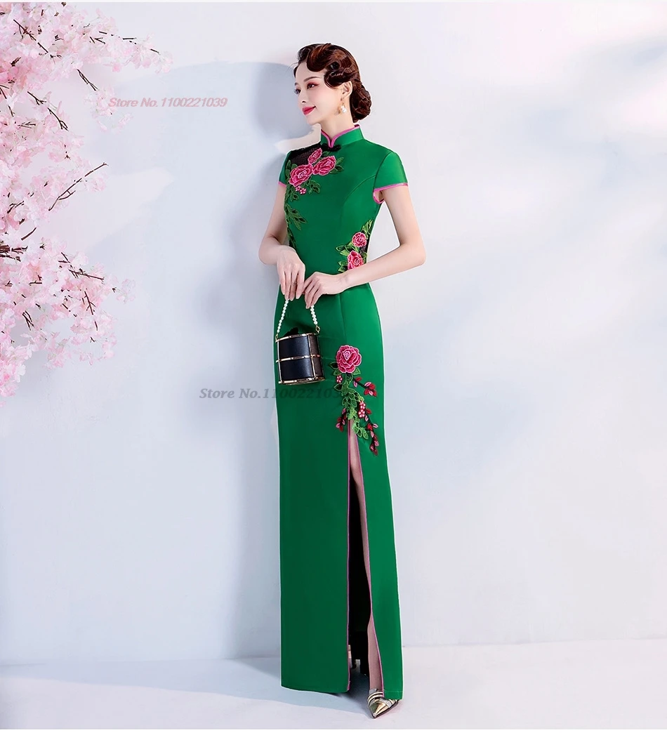 

Китайское винтажное платье 2025 года, улучшенное платье Cheongsam с национальной цветочной вышивкой, винтажное платье Ципао, восточное банкетное вечернее платье