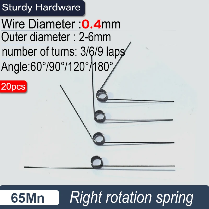 65Mn steel V-shaped torsion spring 20pcs: 0.4mm wire, 2-6mm OD,60 °/90 °/120 °/180 °-factory direct sales