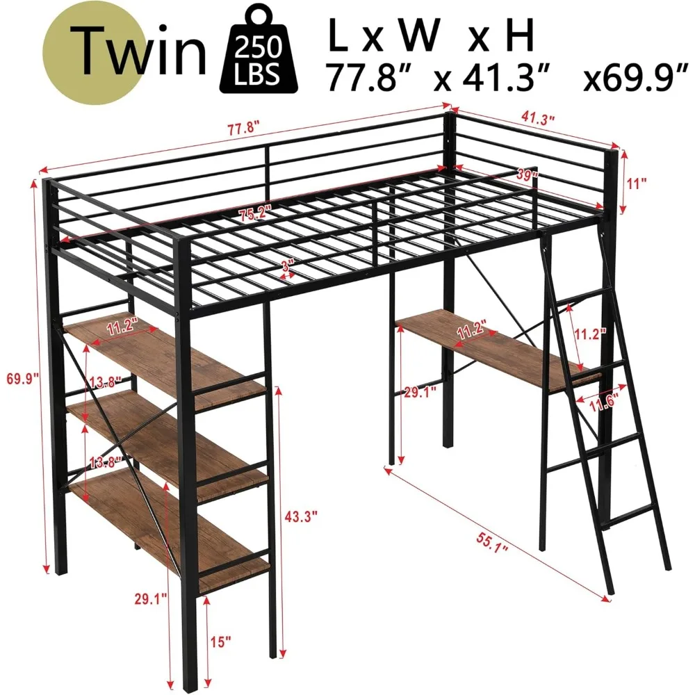 Metal Loft Bed Twin Size, Twin Loft Bed with Desk and Storage Shelves, Twin Size Loft Bed with Guardrail and Ladder, Heavy