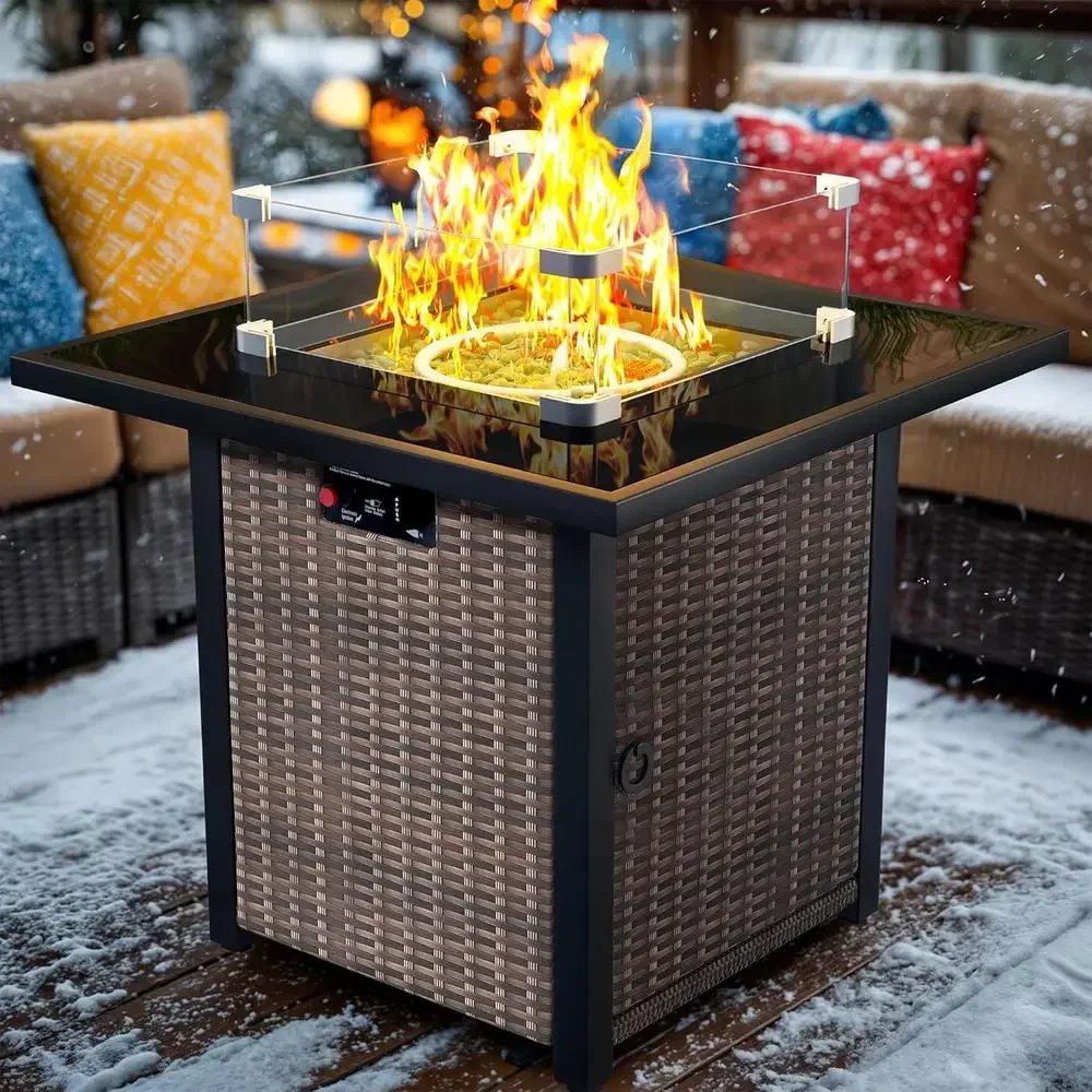 28 Square Outdoor Gas Fire Pit Table with Tempered Glass Top and Wind Guard, Brown