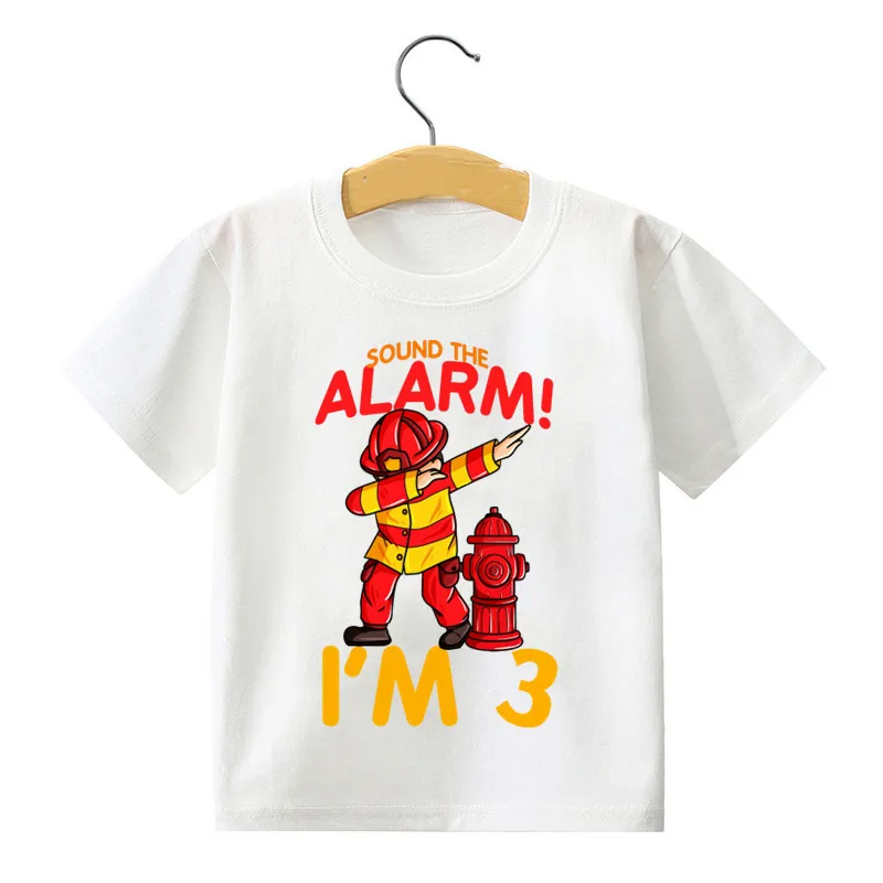 Children's digital birthday gift creative boy firefighter T-shirt custom name digital children's white top