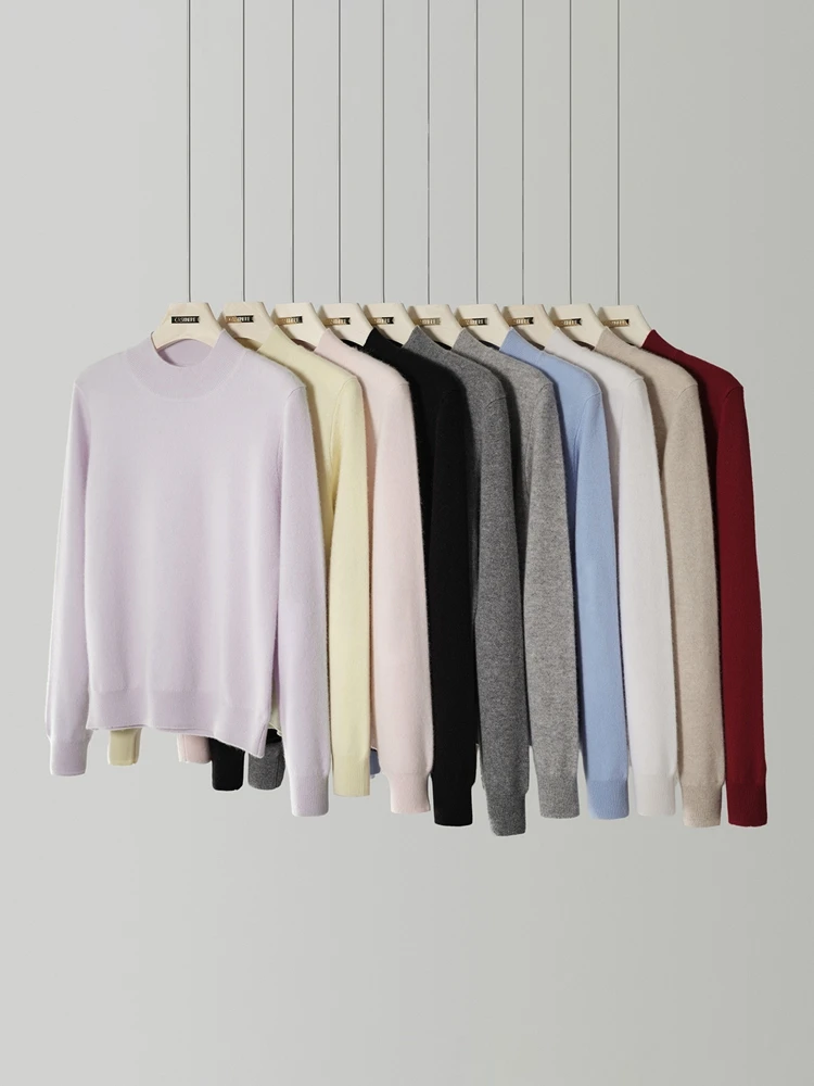Long Sleeves Autumn Winter Solid Women's 100% Cashmere Grace Knitted Mock Neck Elegant Warm Soft Pullover Sweater Clothing Tops