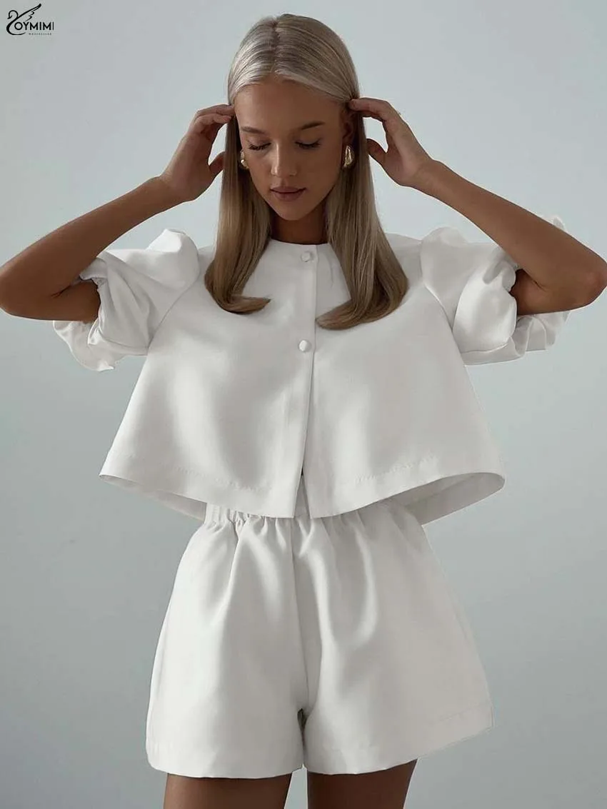 Oymimi أنيقة الساتان الأبيض 2 قطعة مجموعات امرأة الزي موضة س الرقبة قصيرة الأكمام زر القمصان و عالية الخصر مجموعة السراويل البسيطة #2