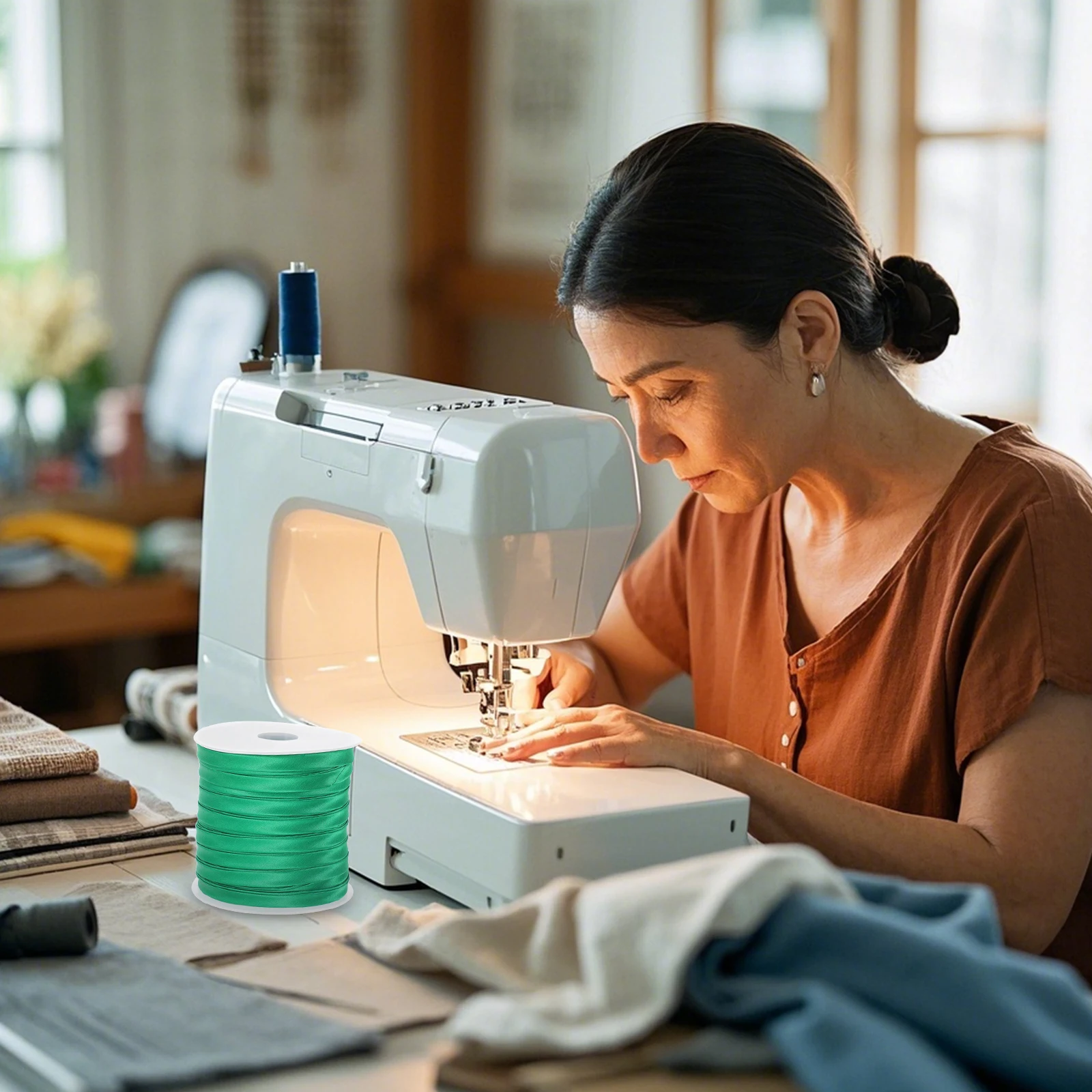 

54.68 Yards Double Fold Bias Tape Green Polyester Continuous For Sewing Quilting Hemming Craft Seam Binding Fabric Edging Trim