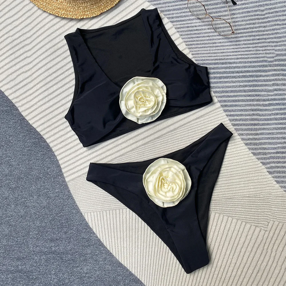 

Sexy Black 3D Flower Bikinis Sets Holiday Solid Swimwear Women Swimsuits Bathing Suit Brazilian Bikini De Mujer 2025 Summer