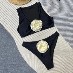 Sexy Black 3D Flower Bikinis Sets Holiday Solid Swimwear Women Swimsuits Bathing Suit Brazilian Bikini De Mujer 2025 Summer