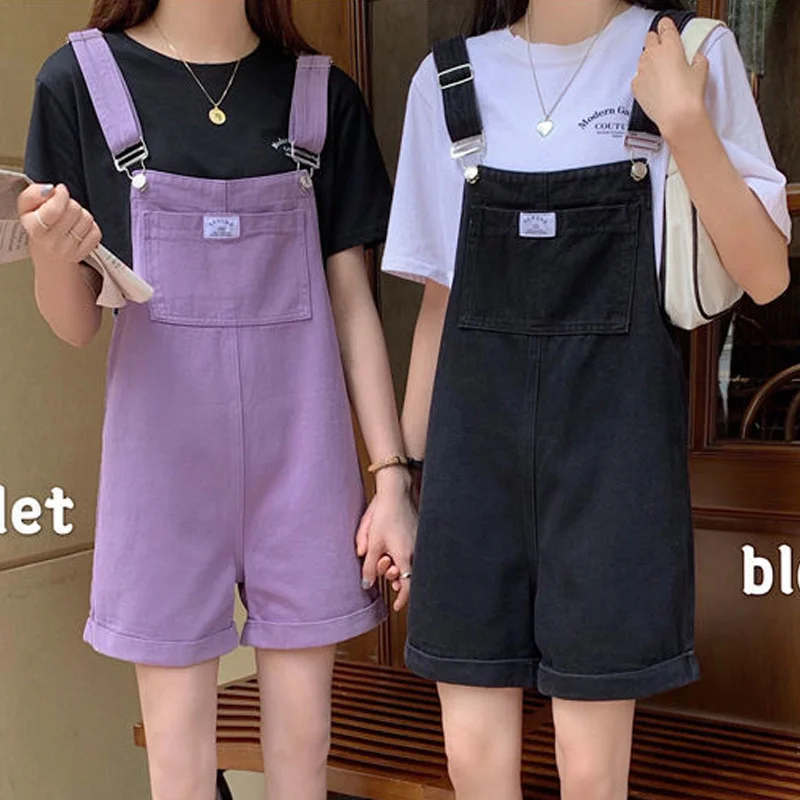 Student Summer Vintage Purple Black Jeans Jumpsuit Women Cotton Wide Legs Bib Female Overalls Personality Denim Rompers Shorts