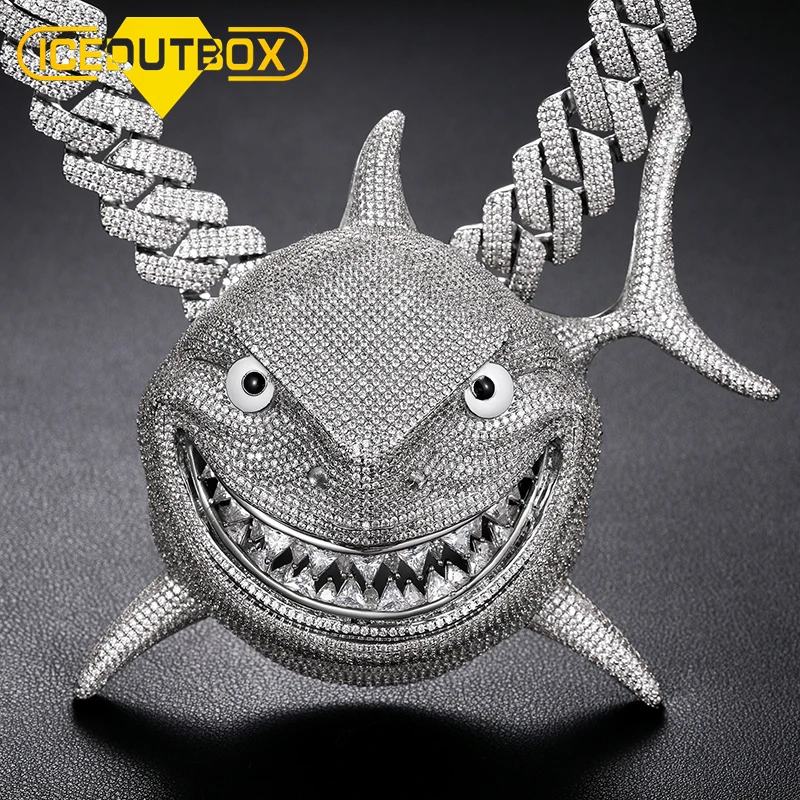 

Hop Rapper Giant Jewelry Full Stone Mens Iced Out Large Size Shark Pendant Necklace 5A Zircon Bling Charm Pendant