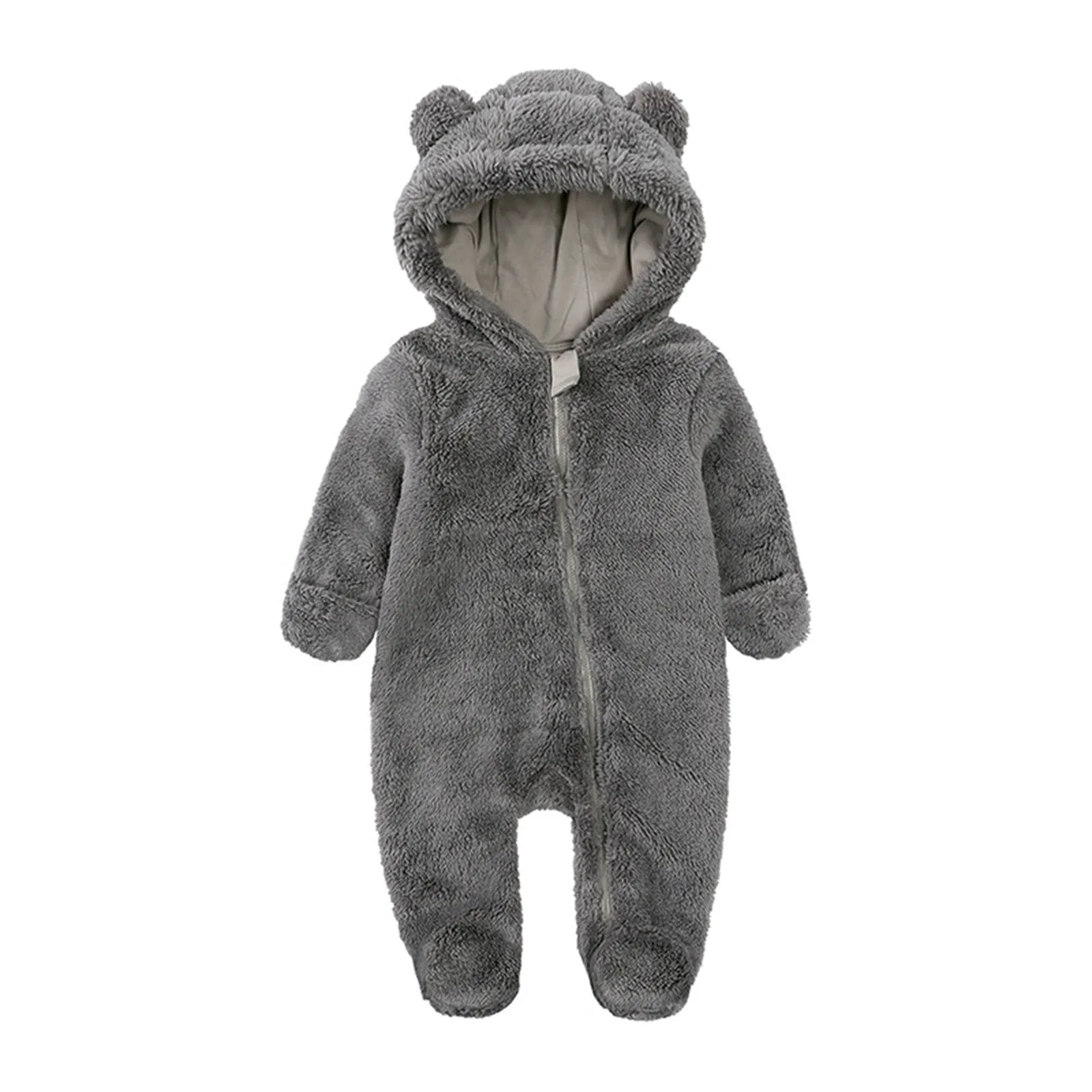 Winter Newborn Solid Color Clothing Warm Long Sleeve Baby Rompers Infant Pajamas Cotton Boys Girls Jumpsuit Bear Fleece Hooded