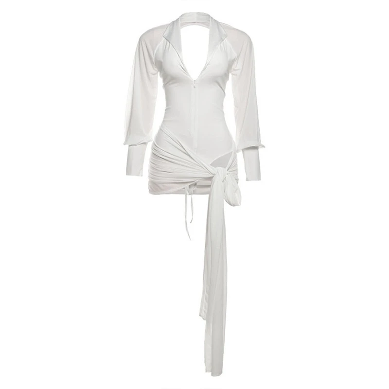 Sukienka mini typu body z odkrytymi plecami, marszczeniami, sznurowaniem, patchworkiem, wiązana wstążką, z długim rękawem i klapami, seksowna, prześwitująca, idealna na imprezę klubową lub wieczór dla kobiet.