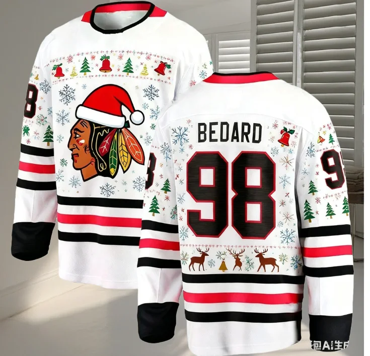 عيد الميلاد تحت عنوان BEDARD No.98 هوكي الجليد رجل جيرسي شيكاغو عيد الميلاد طبعة محدودة الهوكي جيرسي المشجعين هدية الكريسماس تي شيرت