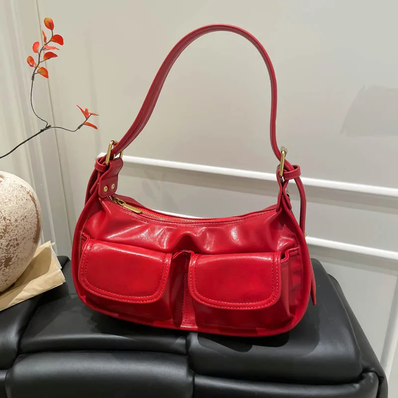 

Designer Half Moon Underarm Shopper Purse Chain Handbag Clutch Bag Solid Color Pu Leather Lady Bag Double Pocket Shoulder Bag