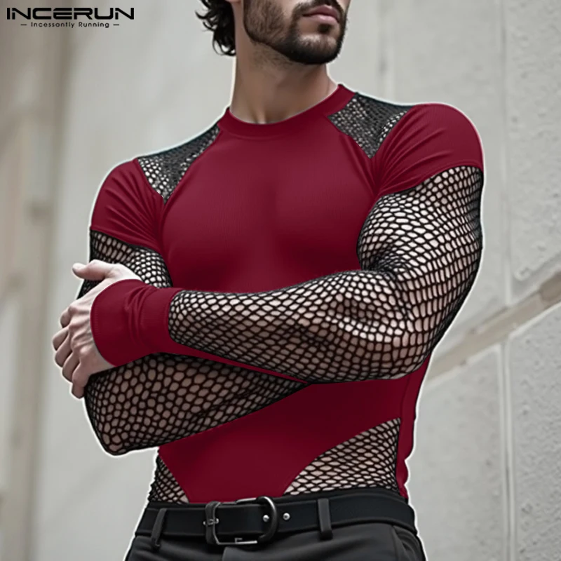 INCERUN American Style Sexy Rompers Sexy New Men O-neck Jumpsuits Leisure Thin Patchwork See-through Mesh Long Sleeved Bodysuits