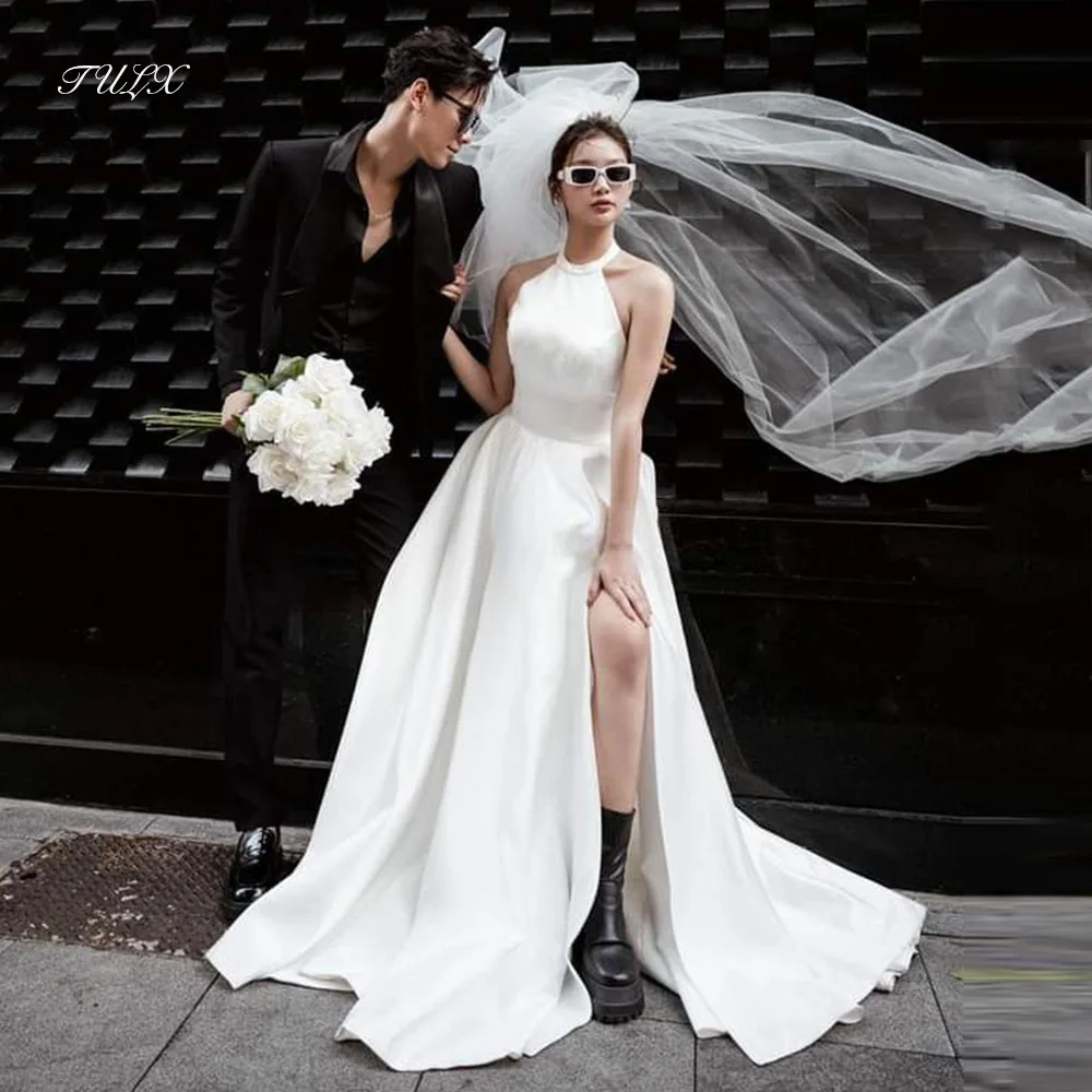 

TULX Ivory Satin Wedding Dress Korea Photo Shoot Halter Sleeveless A line Long Slit Bridal Gowns Corset Customized 웨딩드레스
